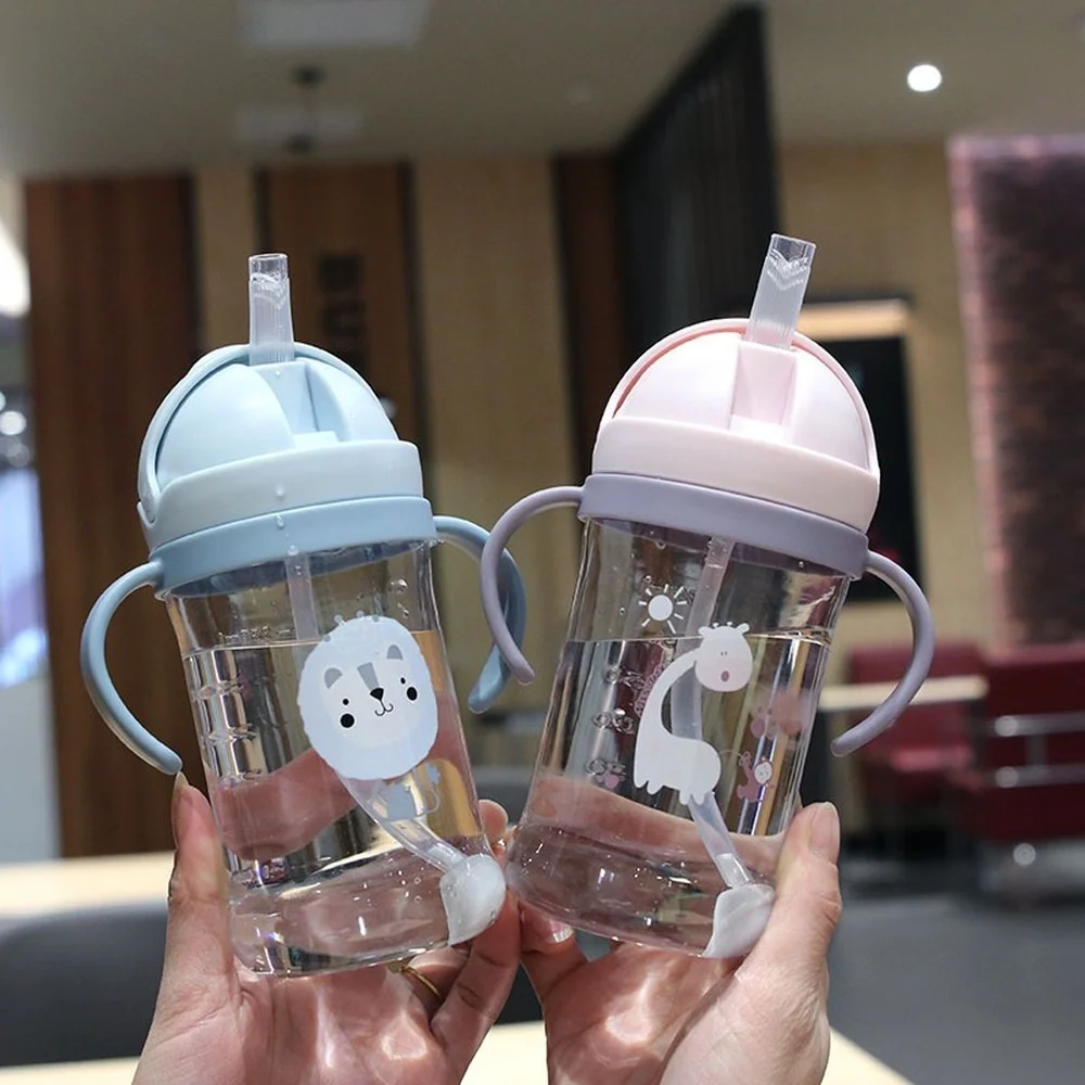 Kids Children Cartoon Animal School Drinking Water Straw Bottle Gravity Ball Straw Baby Cup with Shoulder Strap Water Bottle