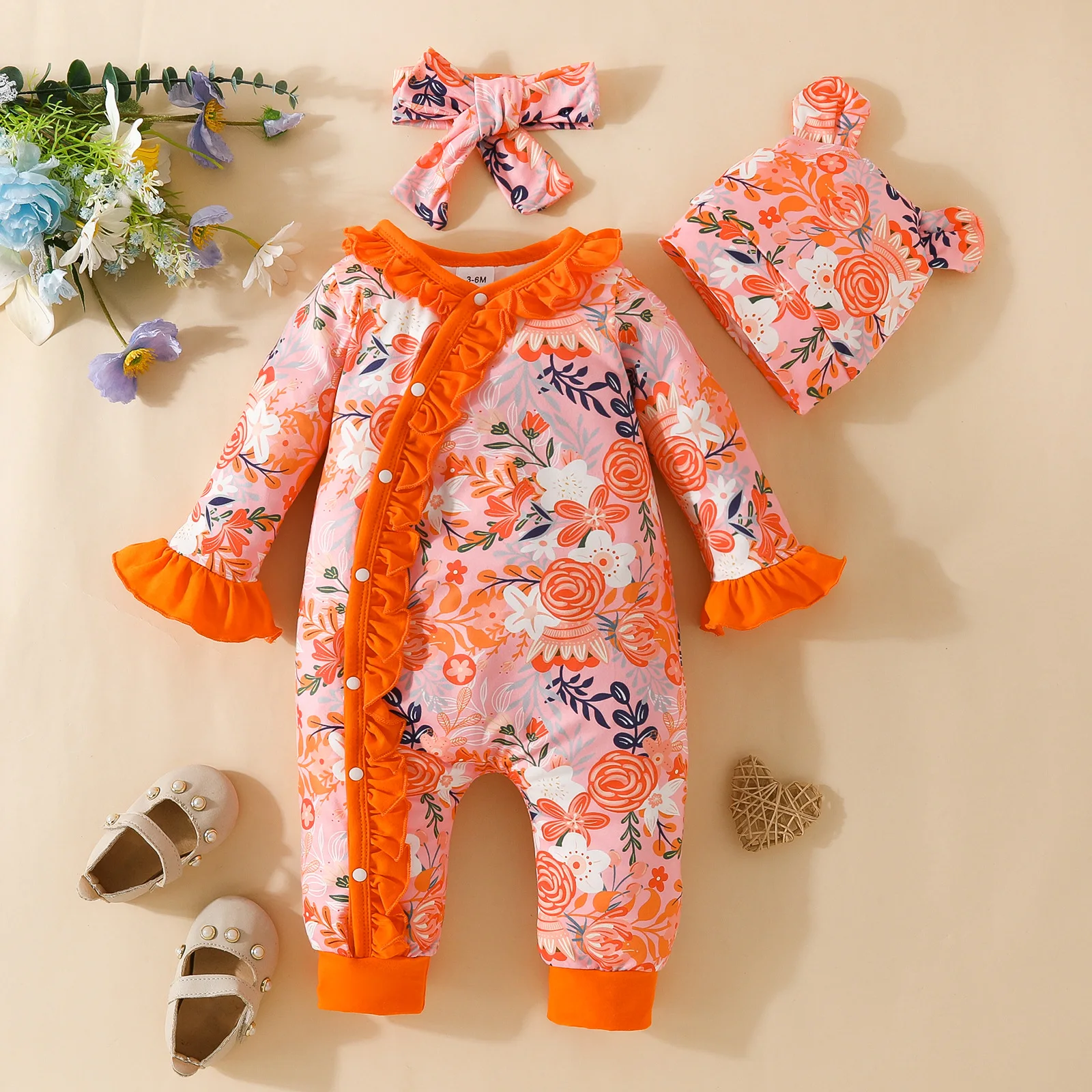 

Baby Girl's Romper All Seasons Lotus Leaf Edge Long Sleeved Print Floral Daily Jumpsuit Newborn Clothes +Headband+Cute Hat