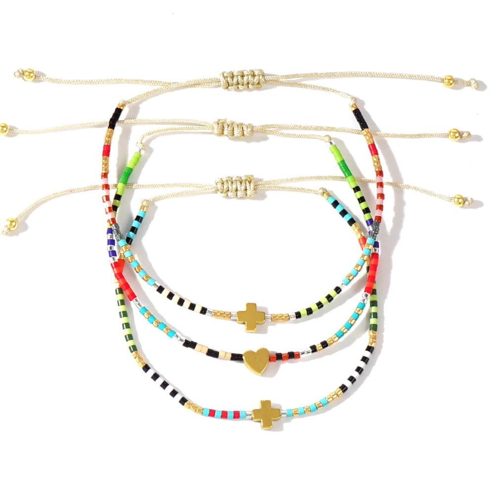 سوار مطرز بسيط بطراز بوهيمي للنساء ، حبة بذور ميوكي ، حبات الأرز ، صليب ، سحر القلب ، طقم مجوهرات ، Go2Boho ، 3