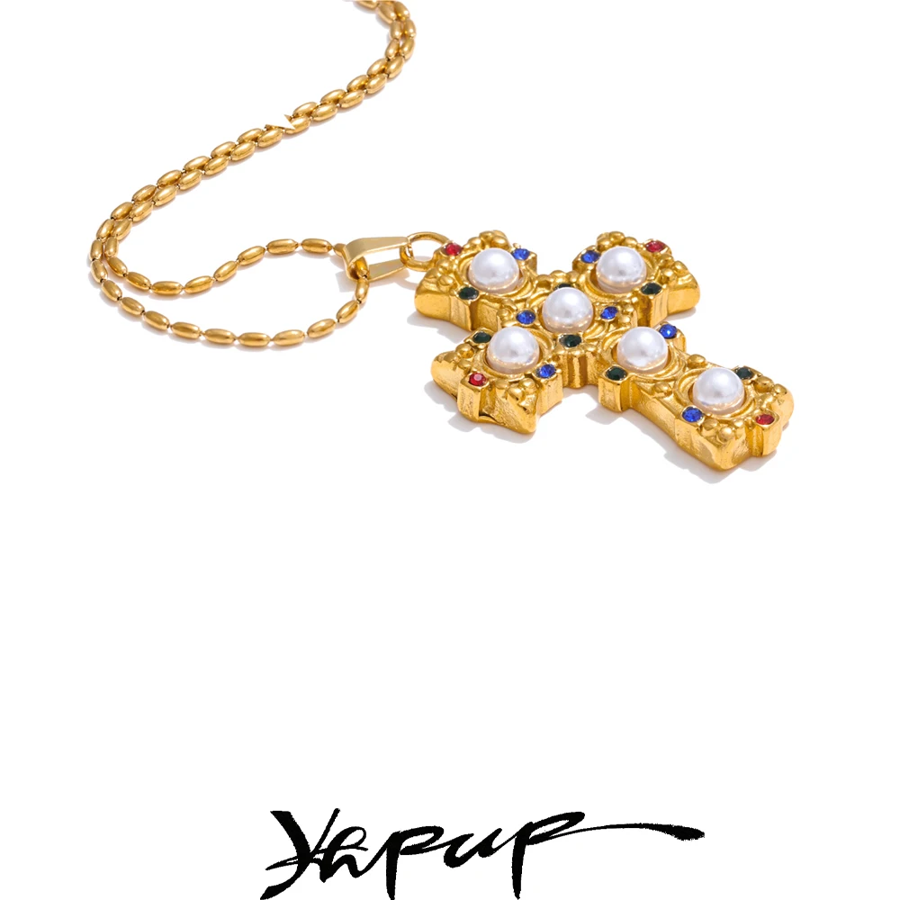 Yhpup Zirkonia Imitationsperlen Kreuz Anhänger Goldene Halskette Wasserdicht vergoldet Charm Edelstahl Klassisch Beliebter Schmuck