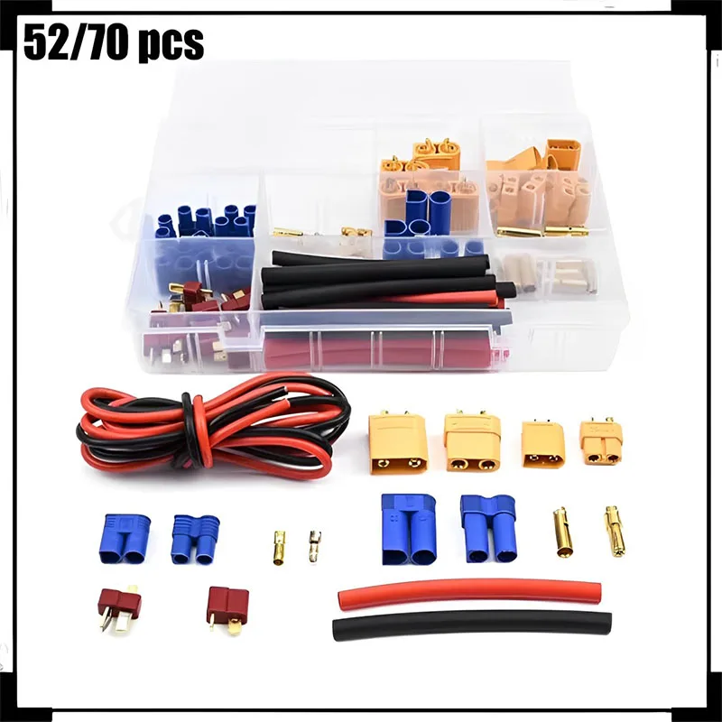 70pcs T Plug / Xt60 / Xt90 / Ec3 / Ec5 Male & Female Plug Adapter Connectors Kit 14awg Silicone Wire And Shrink Tube For Rc Part