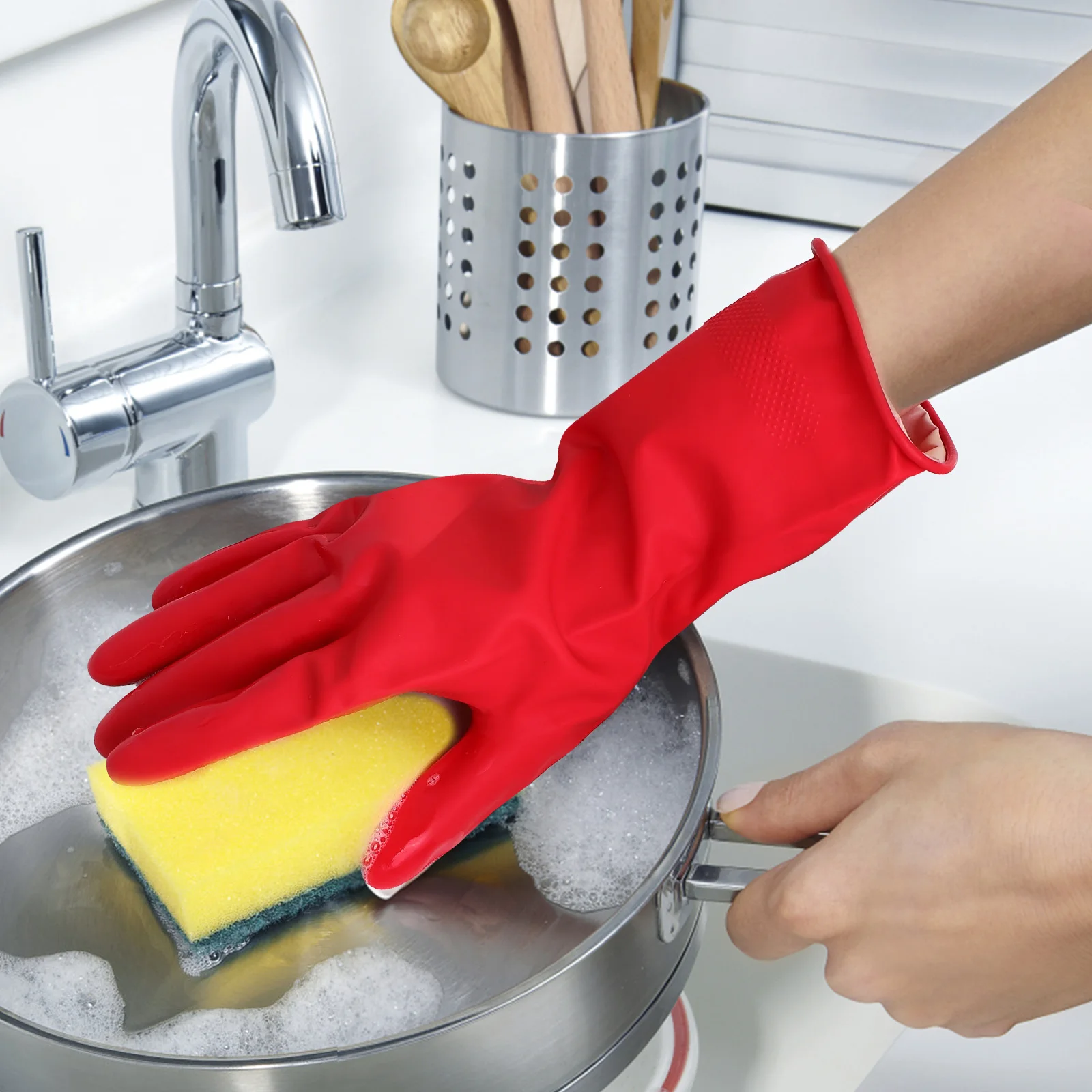 

4pcs Rubber Cleaning Reusable Anti-Skid Dishwashing Gloves For Kitchen Household Thicken Elastic Leakproof Cleaning
