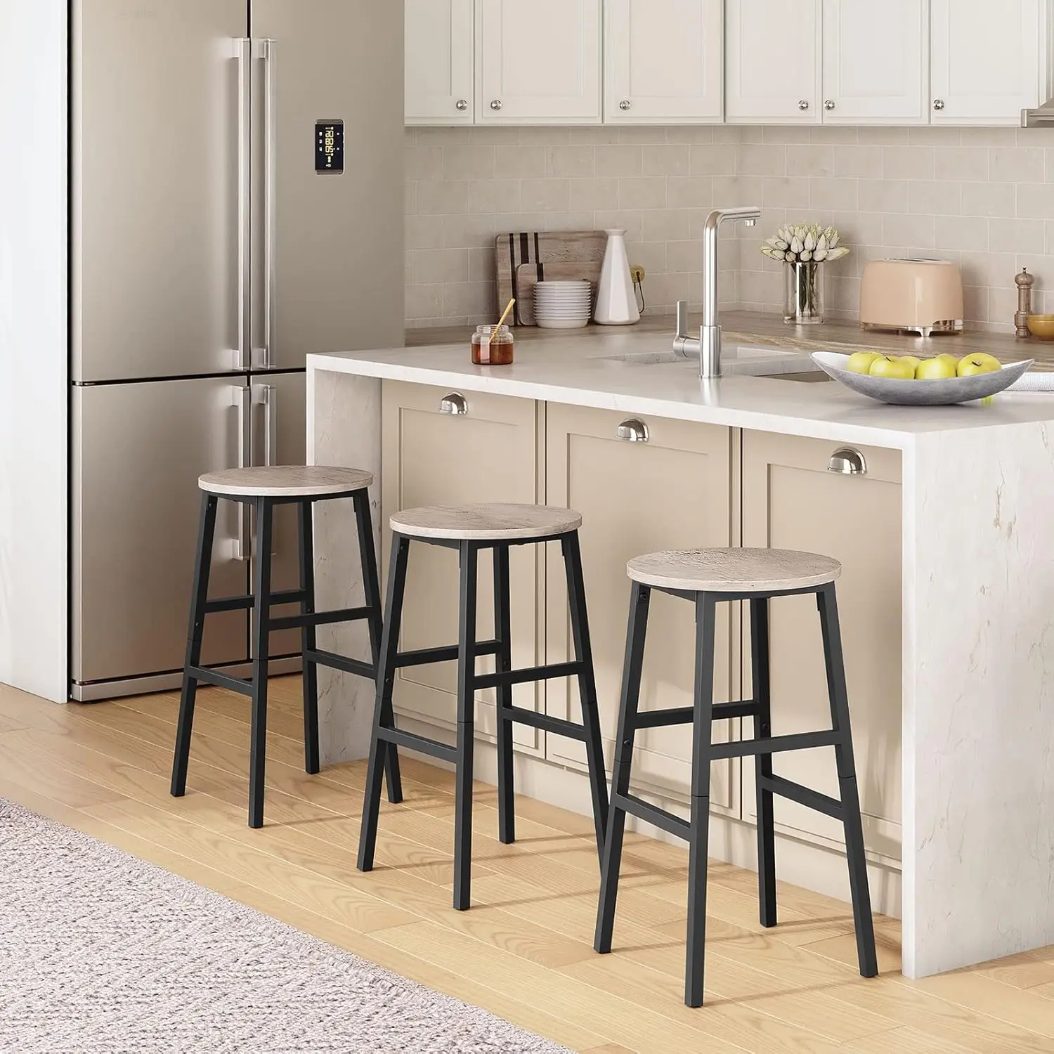 Conjunto de 2 bancos de bar industriais com apoio para os pés, altura de 24,4 polegadas, fácil montagem para cozinha e sala de jantar