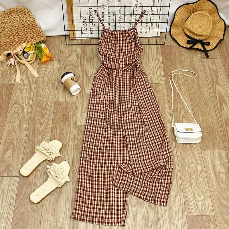 2025년 여름 하이웨이스트 와이드 레그 팬츠 휴가용 여성 롱 팬츠 점프수트 슬리밍 스트랩 디자인 비치 바캉스