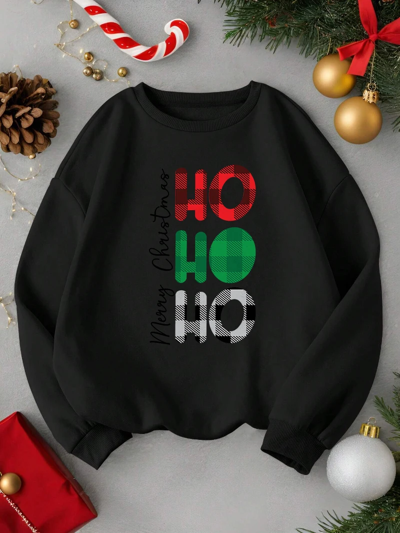 Christmas Sweatshirts Men Letter Ho Printing Casual Hoodies Loose Fleece Warm Crewneck Pullovers All-Match Black Clothes Man