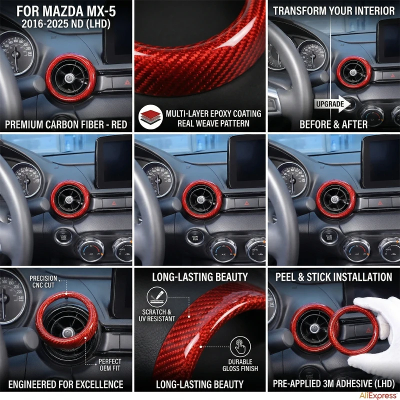 

For Mazda MX-5 MX5 Miata ND 16-25 Real Carbon Fiber Car Air Condition Vent Outlet Ringn Cover Trim Interior Car Accessories