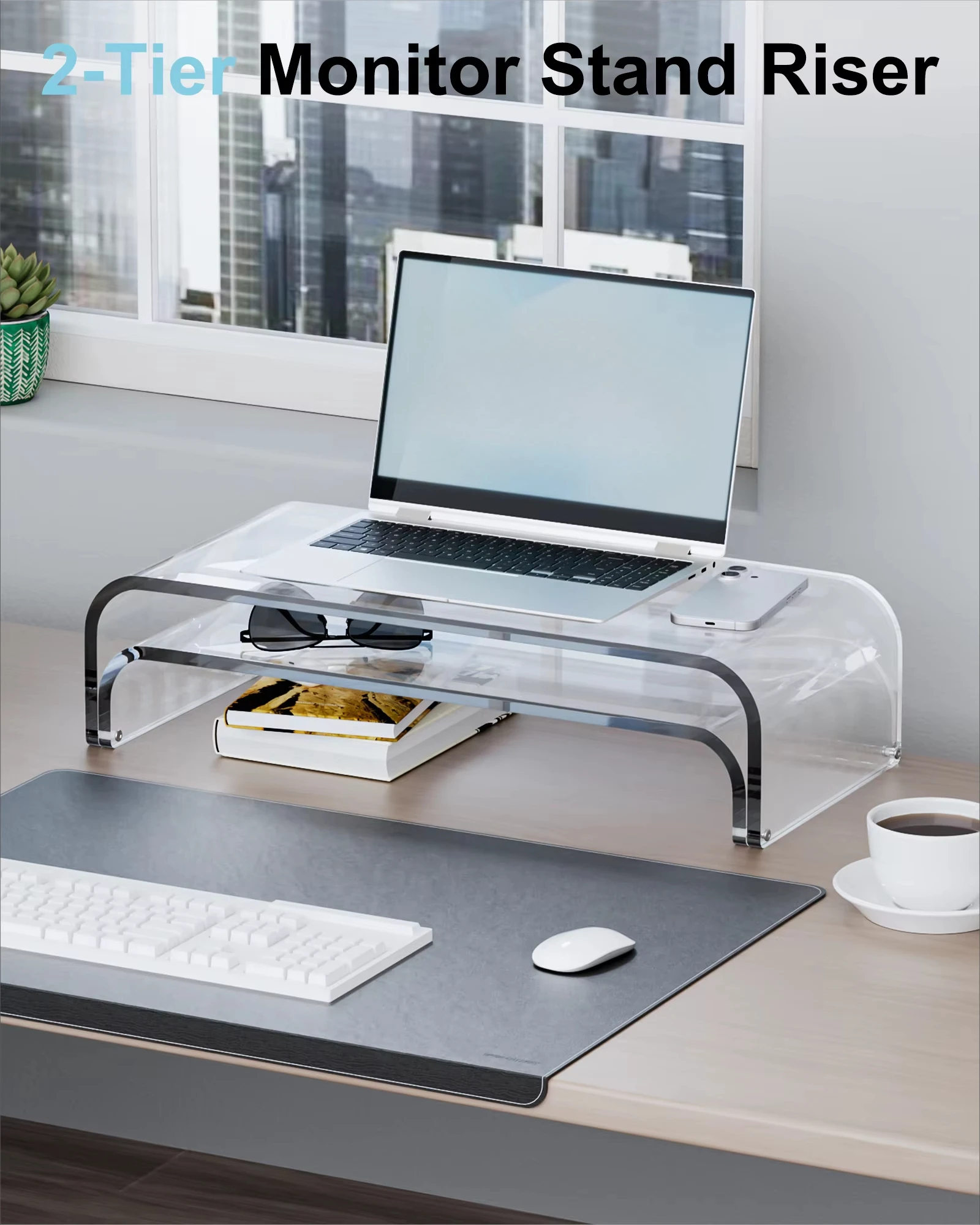 Acrylic Dual Monitor Stand Riser 2-Tier Modular Laptop Stand Desk Multifunctional Desktop Organizer Shelf (Clear/Blue/Pink)