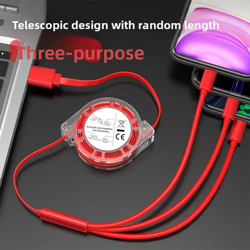 3 in 1 Retractable USB Fast Charging Cable with IOS Type C Micro USB Ports Car Charger Cord for iPhone Samsung Android Tablet