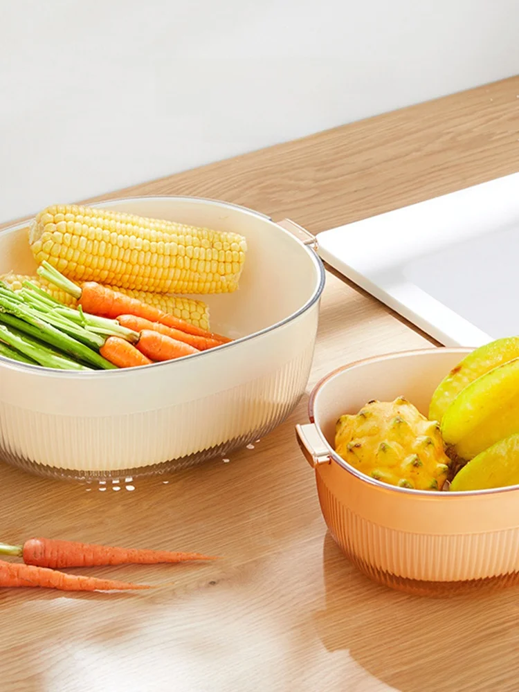 

Double Layer Fruit Waing Basket Kitchen Drain Basket Ear of Cow Design Premium Quali Dining Table Accories