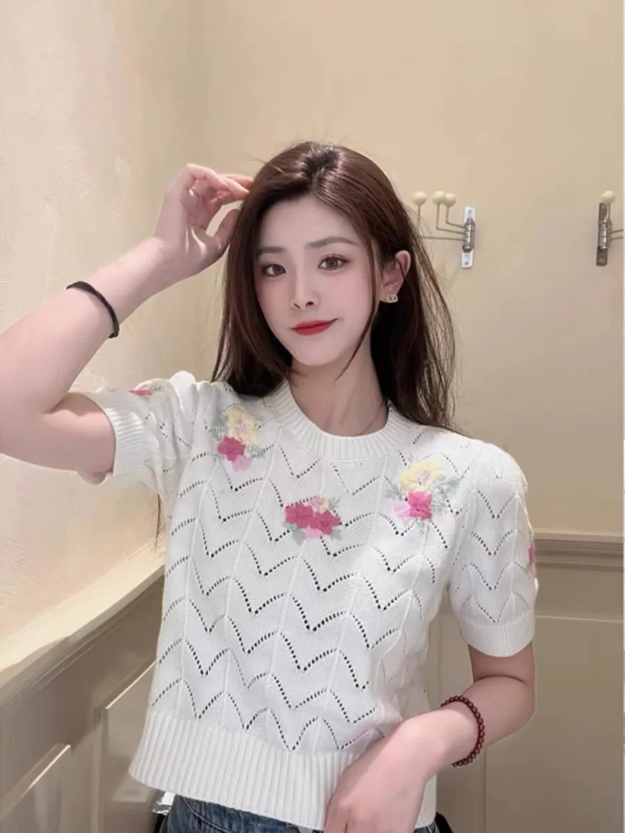 White Embroidered Sweater Women Hollow Thin Pullover Tops 2024 Summer Short Sleeve Fashion Elegant Chic Jumpers Y2k Knitwear Tee