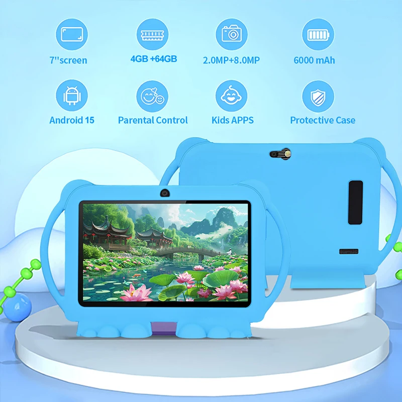7-inch Kids Tablet Cartoon Kids-Proof Case 5G WiFi Android 15 Learning Education Tablet PC 4GB RAM 64GB ROM 6000mAh