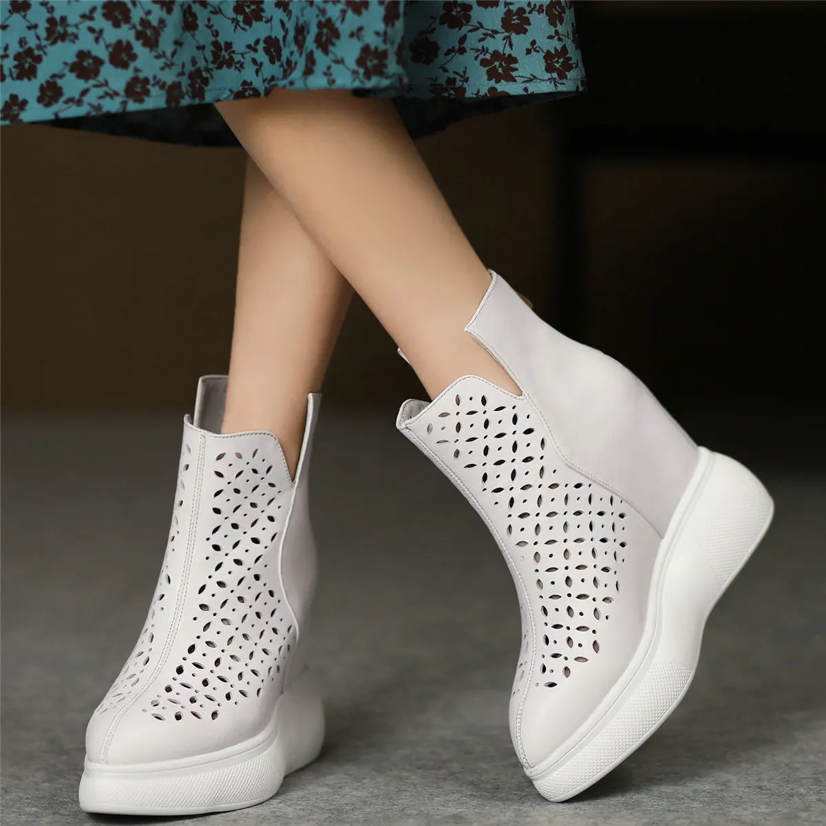 Black White Fashion Sneakers Women Hollow Genuine Leather Wedges High Heel Ankle Boots Female Summer Platform Pumps Casual Shoes