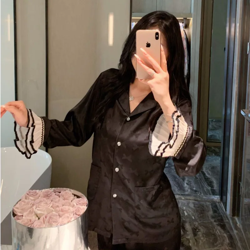 2025 Autumn Winter Korean Style Ice Silk Women Pajamas Bow Jacquard Long Sleeve Pants Two Piece Set Flared Sleeves Nightgown