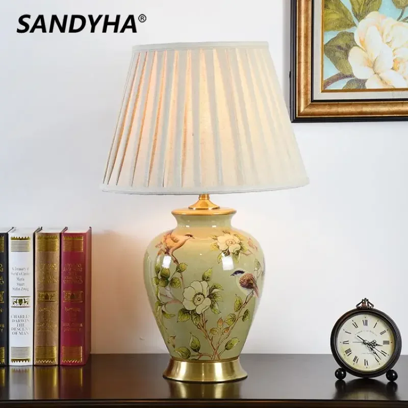 Nordic Ceramictable Lamps for Bedroom Flowers Birds Pattern Led Lamp Fabric Lamp Shade Home Decoration Living Room Light Fixture