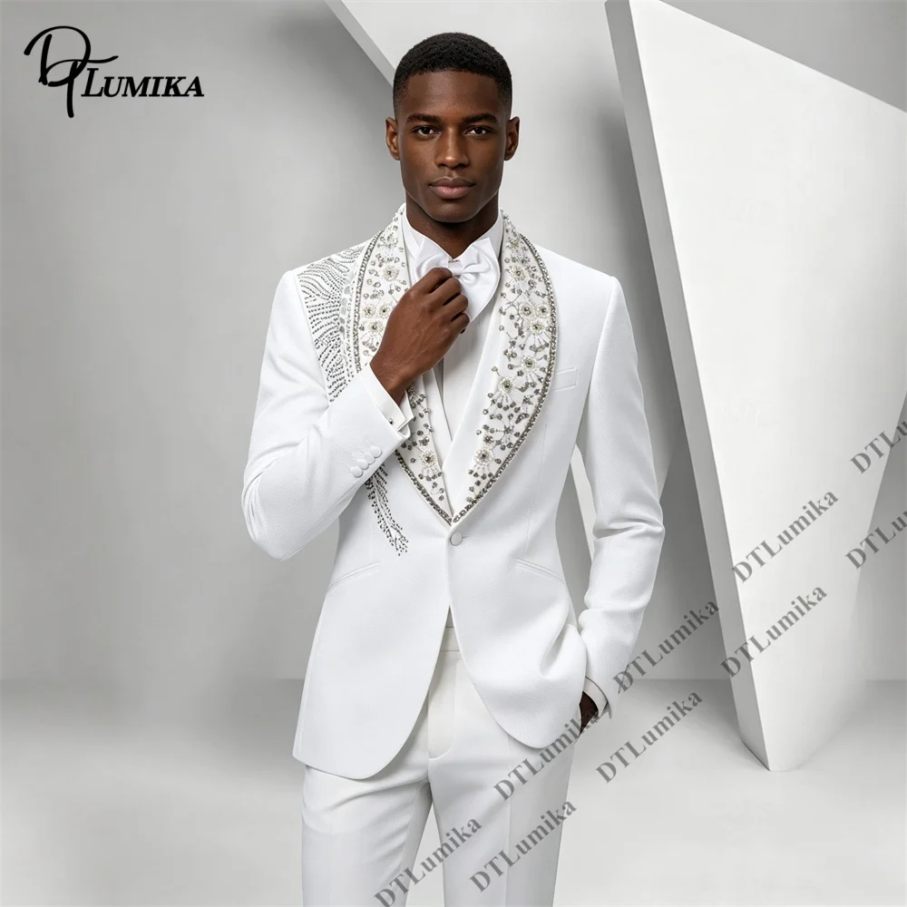 Men's Luxury Rhinestone Beaded Tuxedo Suit 3 Piece Blazer Pants Waistcoat Set Groom Suit for Wedding Tailored Fit Prom Suits