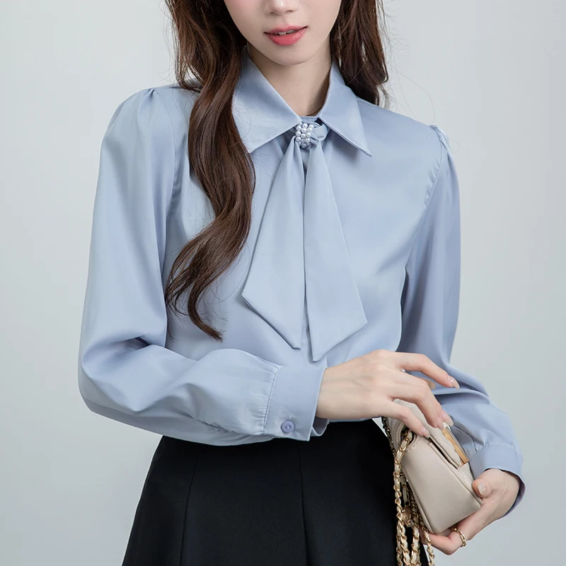 

Spring Autumn Fashion Office Ladies Work Shirts Women Blouses Elegant Bow Pearl Long Sleeve Top Blue White Business Shirt Party
