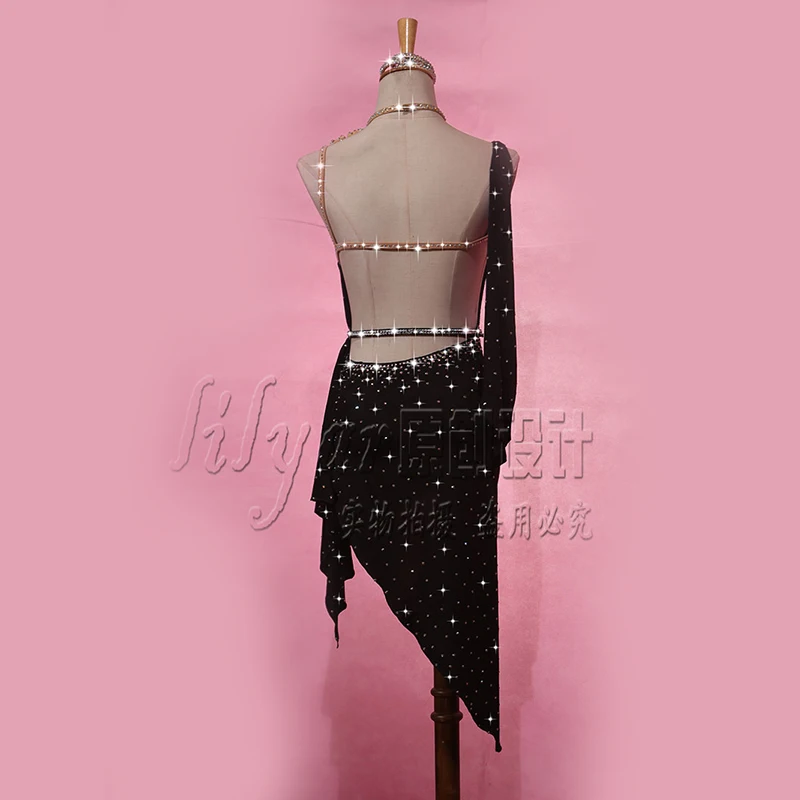 Vestido de competición latina, Falda de baile, disfraces de baile latino, falda para actuación, diamantes de imitación brillantes, Rumba negra, nuevo