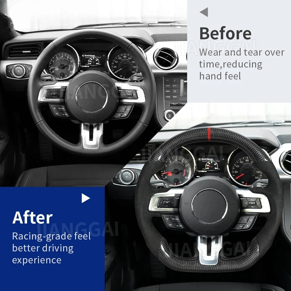 

Real Carbon Fiber Steering Wheel Suede Leather Red Stitching Center Line For Ford Mustang GT 2018-2023 No Heated Car Accessories