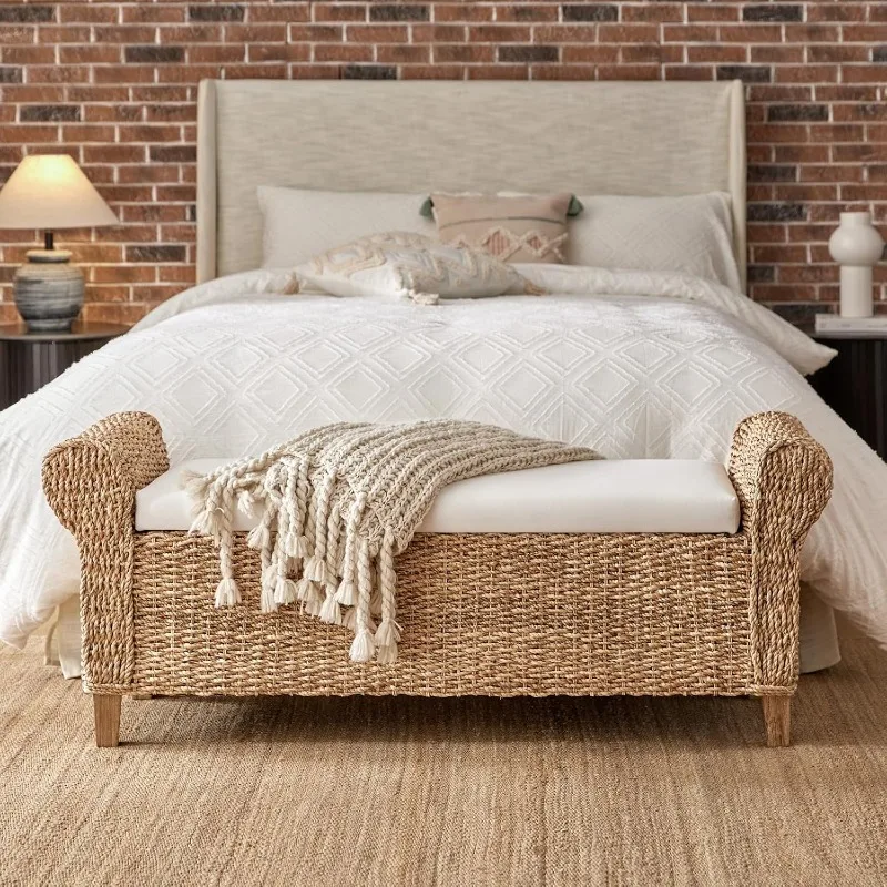 Rattan Storage Bench, Rattan Upholstered End of Bed Bench Ottoman Bench with Roll Arm & Solid Wood Legs, Linen Bench