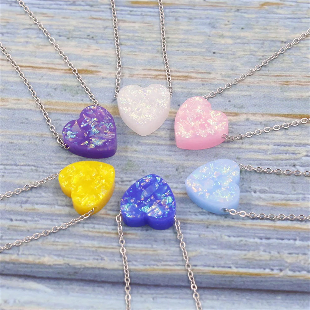 Pink Heart Shape Opal Stone Pendant Necklace Stainless Steel Gold Silver Color Chain Collar Jewelry Girlfriend Gifts