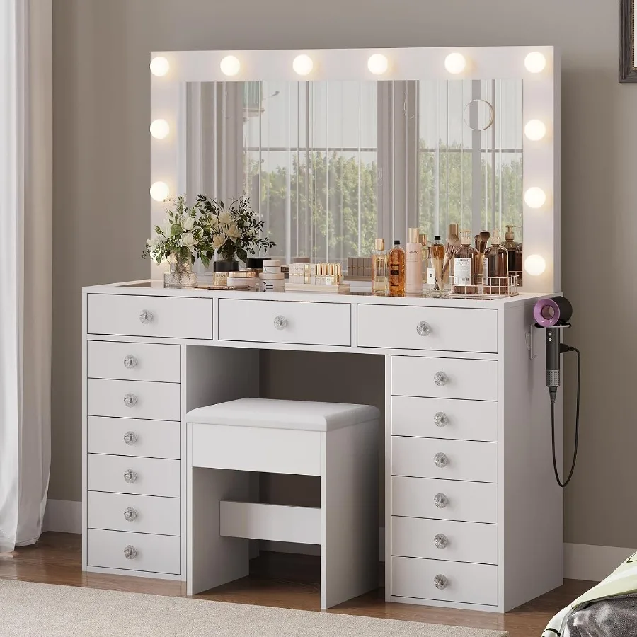 15 Drawers Makeup Vanity with Charging Station, Vanity Desk with 12 LED Bulbs and HD Mirror, 3 Color Brightness Adjustable, Van