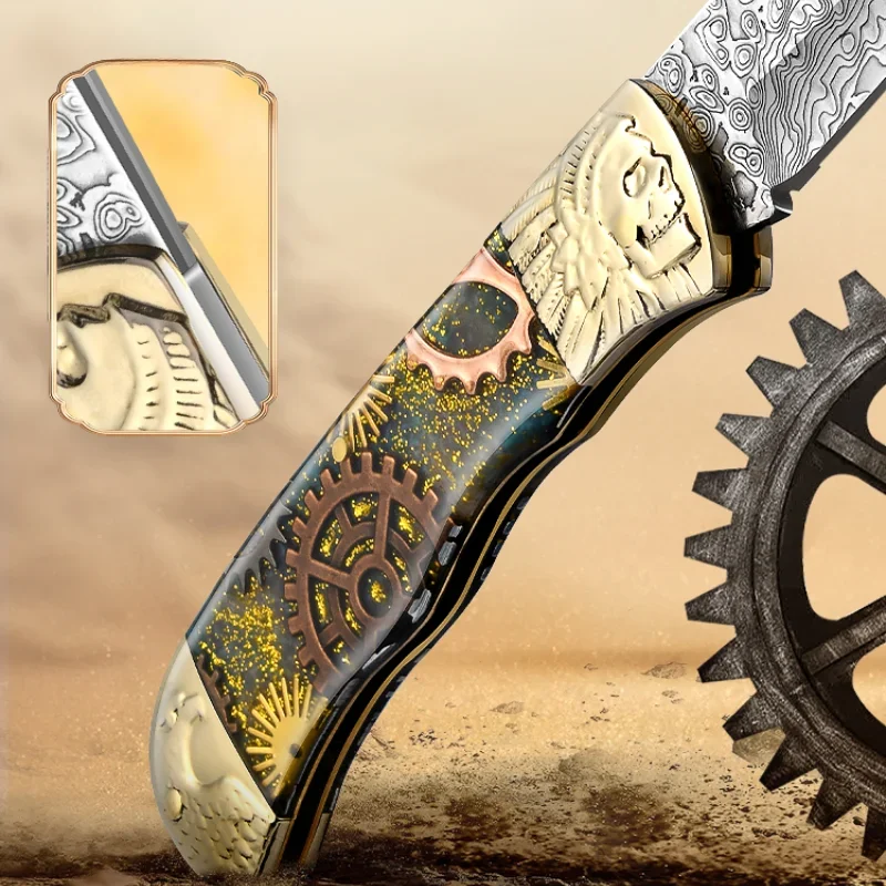 Gear Damascus Steel Folding Knife, Outdoor Fruit Knife, Folding Portable Carrying Knife, Premium Knife