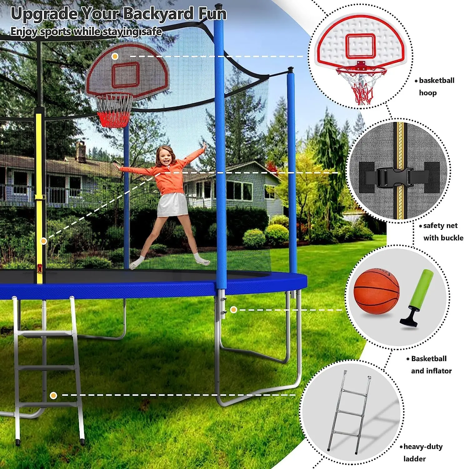 Trampoline Outdoor, Large Kids Trampoline with Light, Stakes, Sprinkler, Backyard Trampoline with Bask