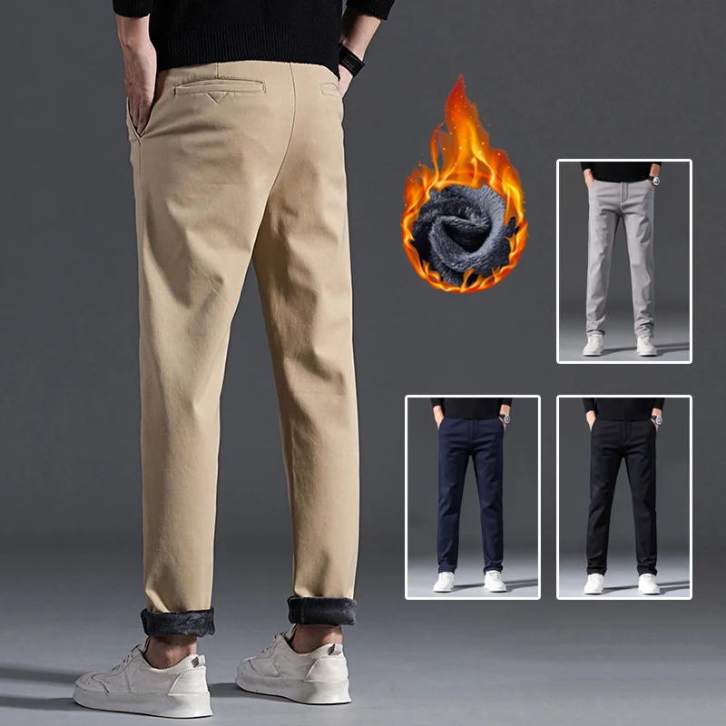

Men Solid Windproof Snow Warm Plush Casual Pants Male Loose-fit Winter Thermal Thicken Pants Youth Business Straight Trousers