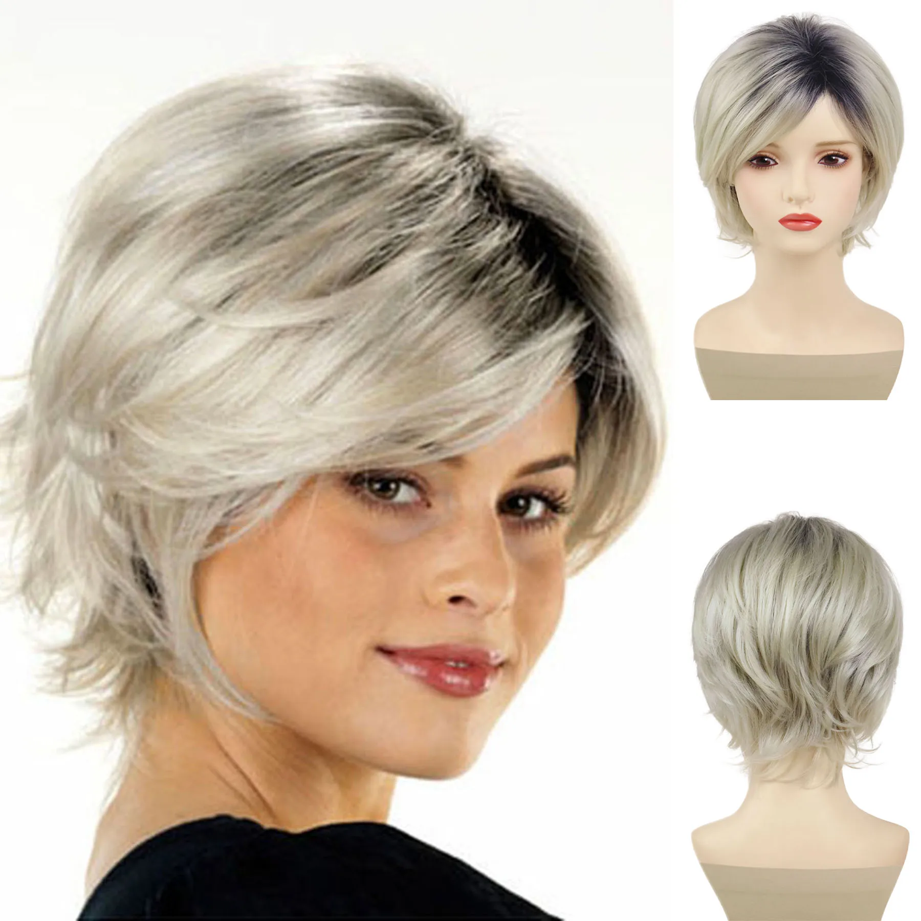 

Synthetic Hair Short Ombre Blonde Wig for Women Lady Natural Wavy Curly Dark Root Wigs with Bangs Daily Costume Dress Party Use