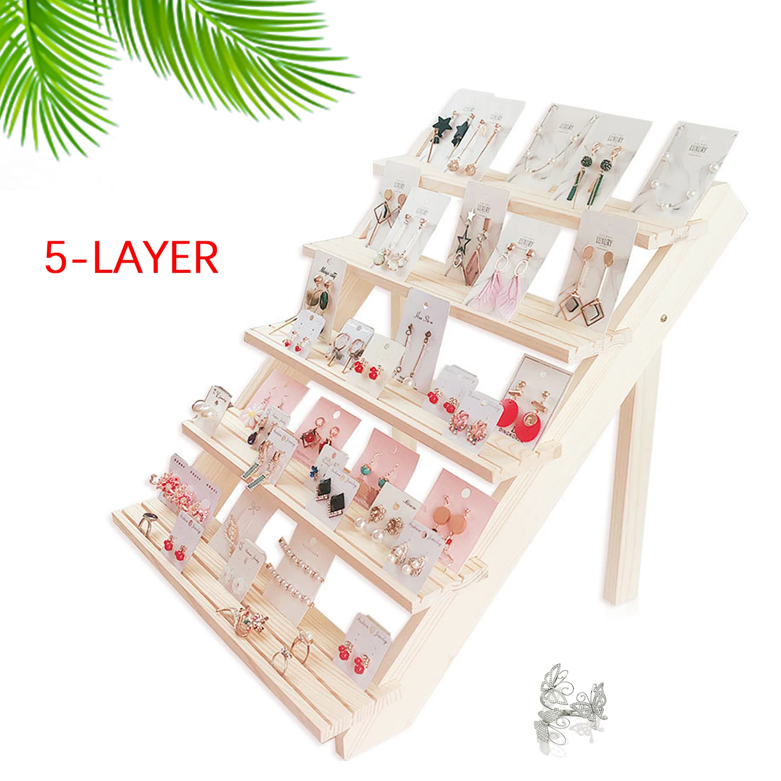 5-Layer Ring Earrings Display Holder with Card Slot, Solid Wood Detachable Jewelry Display Stand