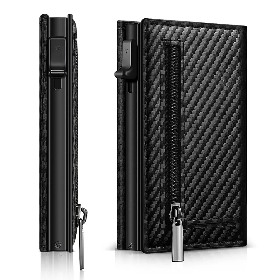 Men's Carbon Fiber Magnetic Card Clip Leather RFID Triple Fold Card with Zipper Wallet Pop Up Smart AirTag Wallet