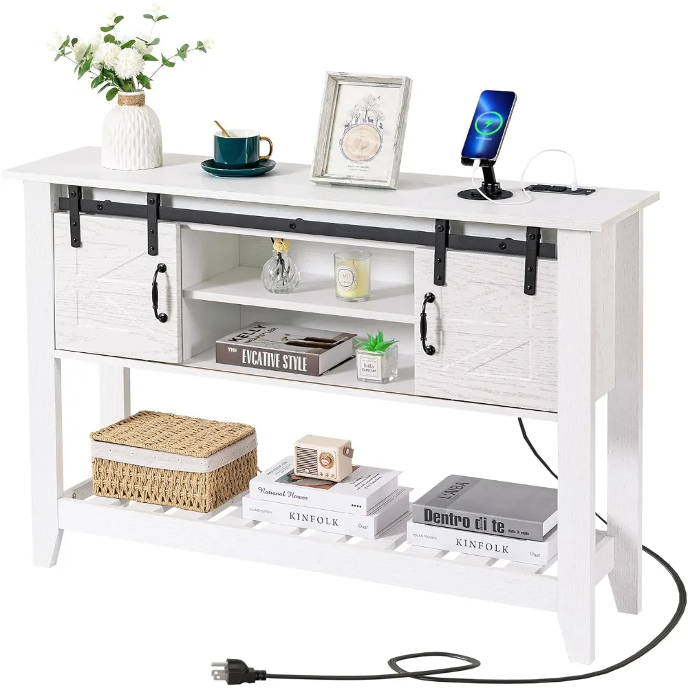 Farmhouse White Entryway Table with Storage, Sliding Barn Doors, Console Table with Outlets and USB Ports