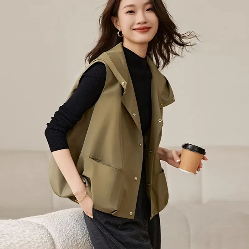 Hooded Vest Women's Loose New Spring Autumn Fashion Pocket Patchwork Solid Sleeveless Thin Jacket Top Casual Vintage Clothing