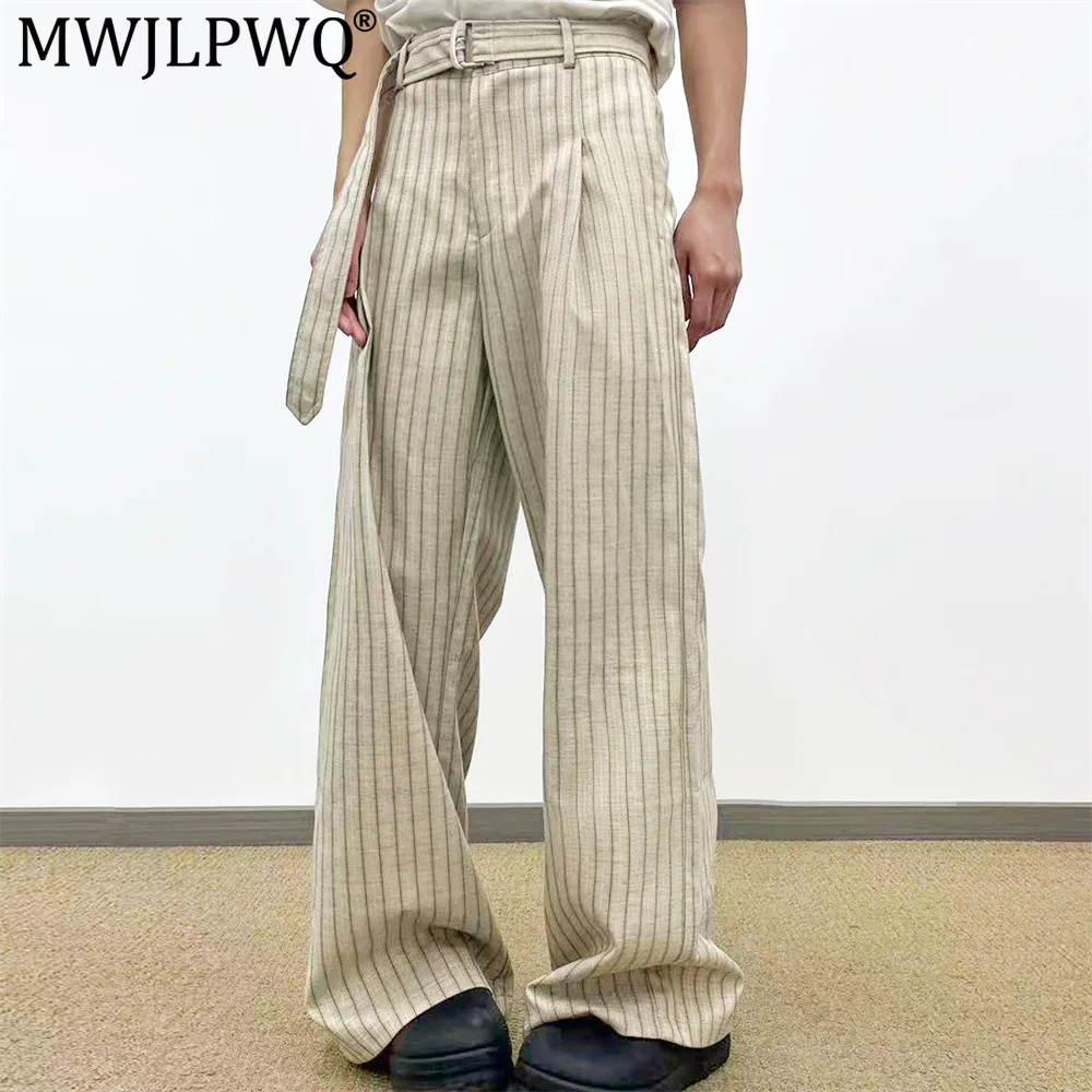MWJLPWQ American Retro Vertical Striped Loose Wide-Leg Trousers For Men Trendy Style Belt Design Straight Casual Pants 21183