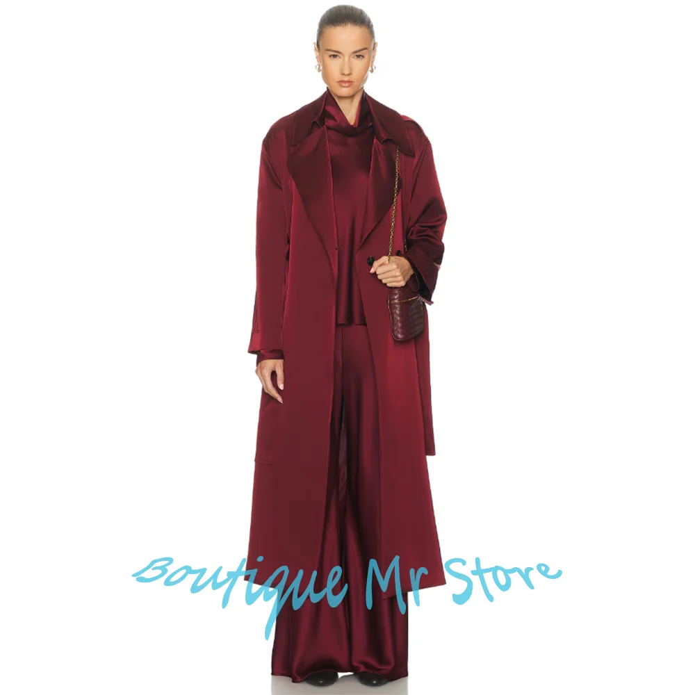 

Elegant Women's Burgundy Satin Trench Coat Set Double Breasted Notch Lapel Luxurious 2Piece Business Office Lady Clothing