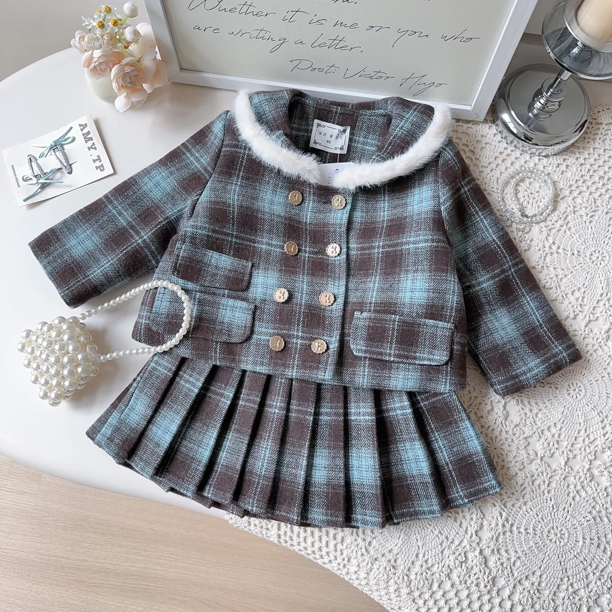 

Children's Winter Clothes Set Thick Warm Plaid Kids Baby Girl Woolen Jacket+elastic Waist Toddler Girl Quilted Skirt Dress