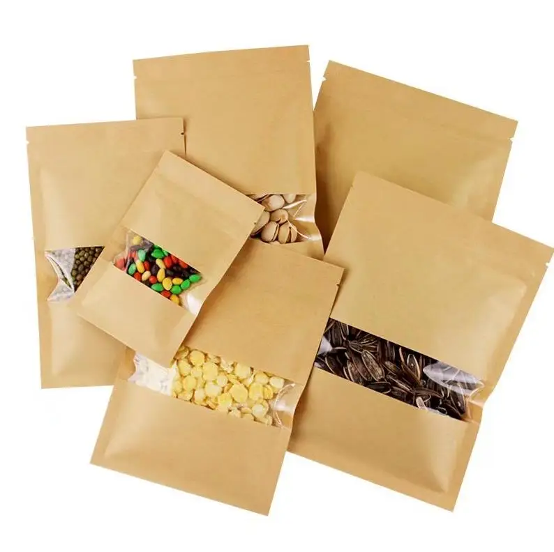 1000Pcs Kraft Paper Food Bag Reusable Sealing Bag Pouch With Clear Window For Storing Cookie Dried Food Snack Wholesale ni09