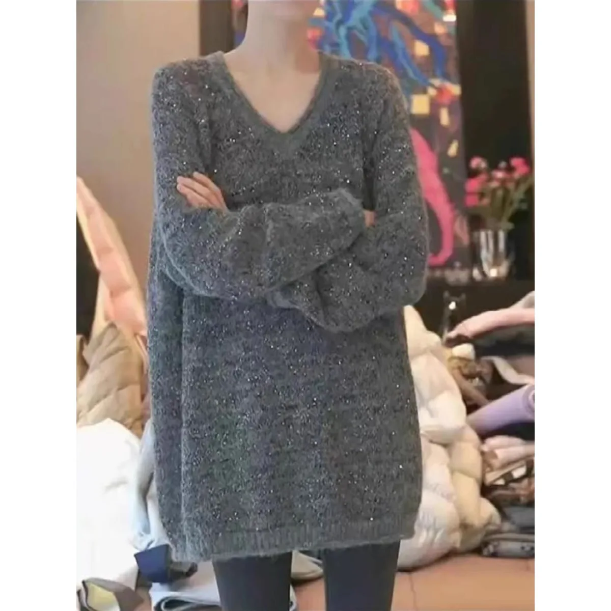 

Женский свитер больших размеров с V-Ne, закрывающий живот, вязаный свитер средней длины, Lazy Sle Long Sve, для поездок на работу и ветер