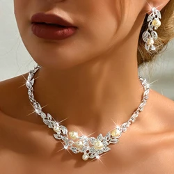 3 pieces of women's trendy leaves, pearls, earrings, necklaces, jewelry sets, weddings, banquets, parties, and holiday gifts