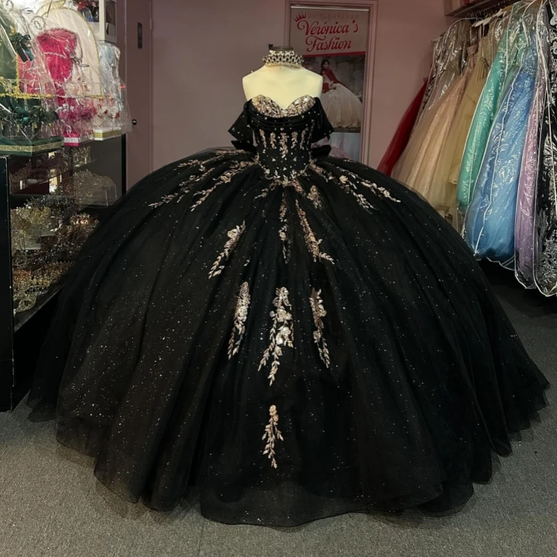 

Black Shiny Princess Sweet 16 Dress Dress Quinceanera Dresses Sequin Applique Beads Bow Corset Tull Party Birthday Vestidos 15