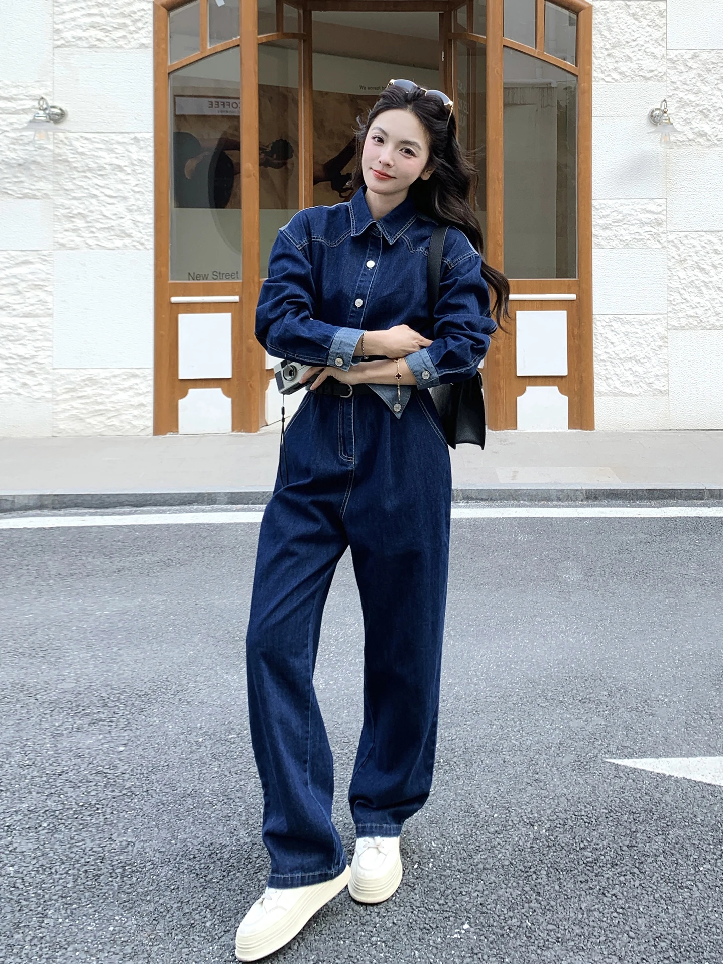 

Unique OOTD Denim Overalls Women's Spring Autumn High Waist Long Pants Cool Casual Workwear Suiting Jumpsuit Set