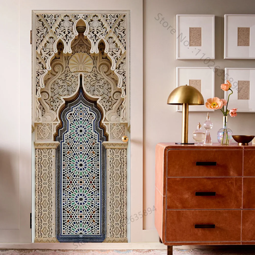 Art 3D Relief Door Sticker Muslim Mural Wallpaper Vinyl Decals Removable Room Décor Self Adhesive Wall Covers Poster for Home
