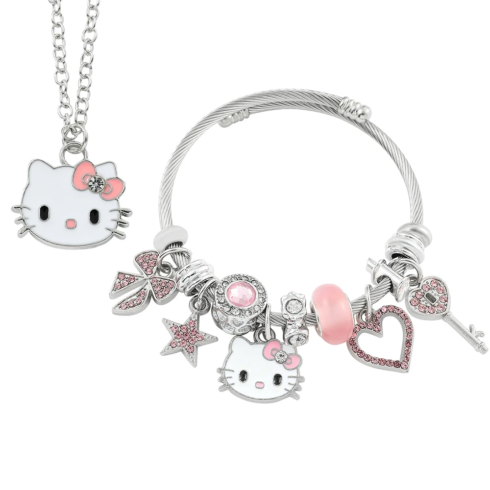 Conjunto de collar y pulsera Sanrio Hello Kitty, joyería de dibujos animados lindos, aleación resistente al desgaste, versátil sin estilo, para regalo y auto-U
