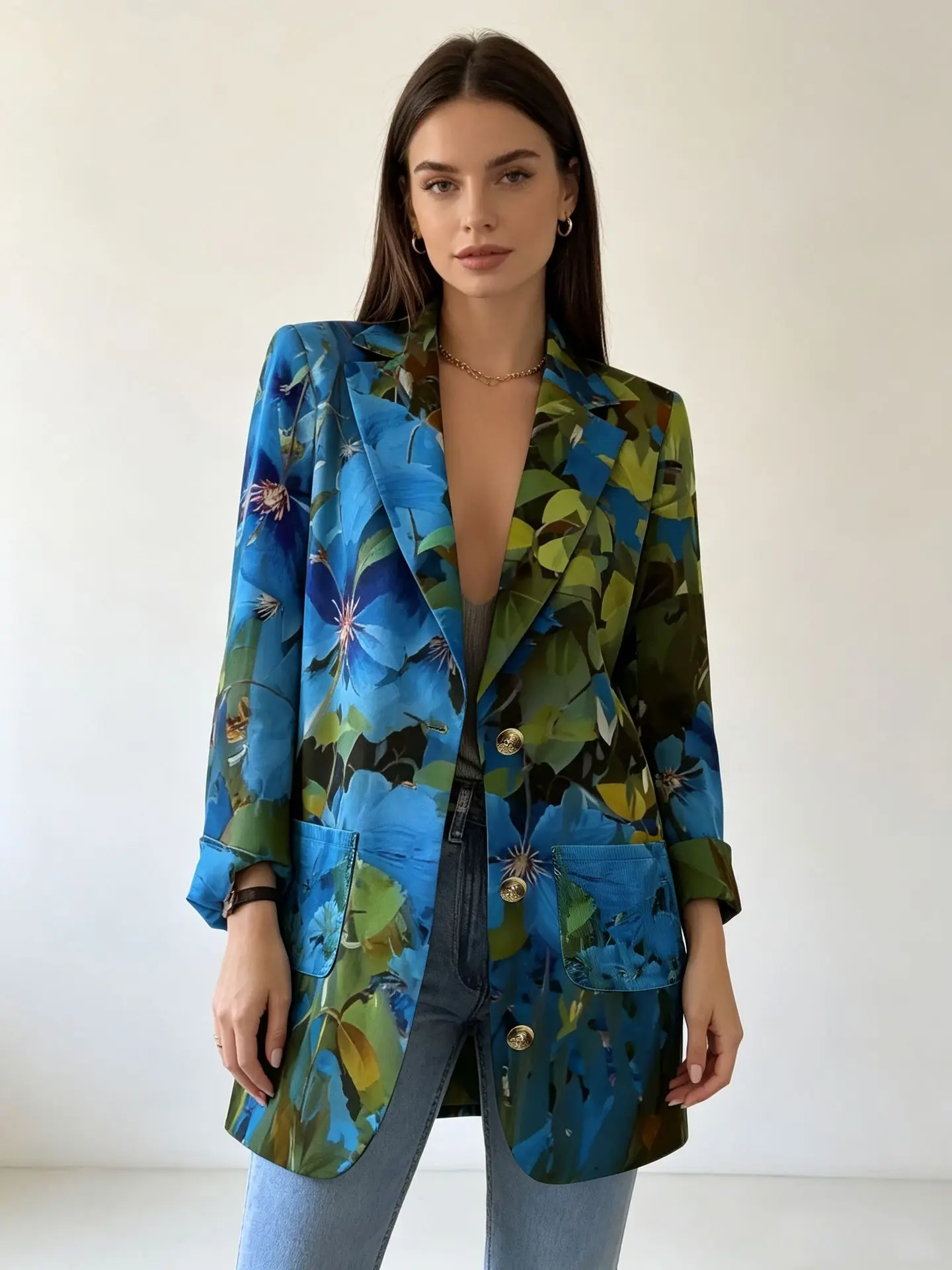 New retro print collar waist slimming business casual long-sleeve shirt women's clothing