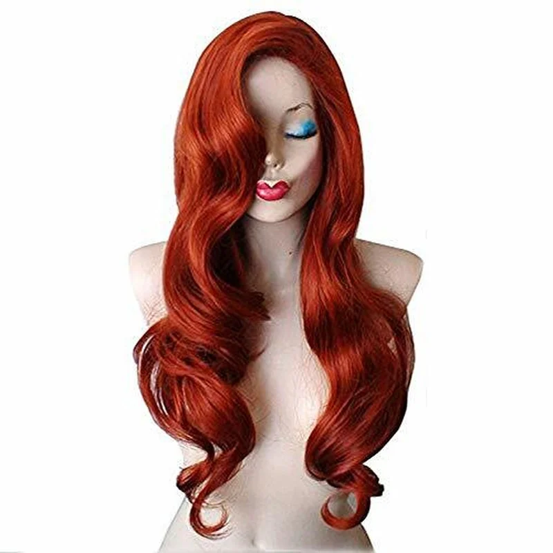 28” Long Wavy Copper Red Cosplay Wig Spiral Curly Anime Heat Resistant Hair Lady