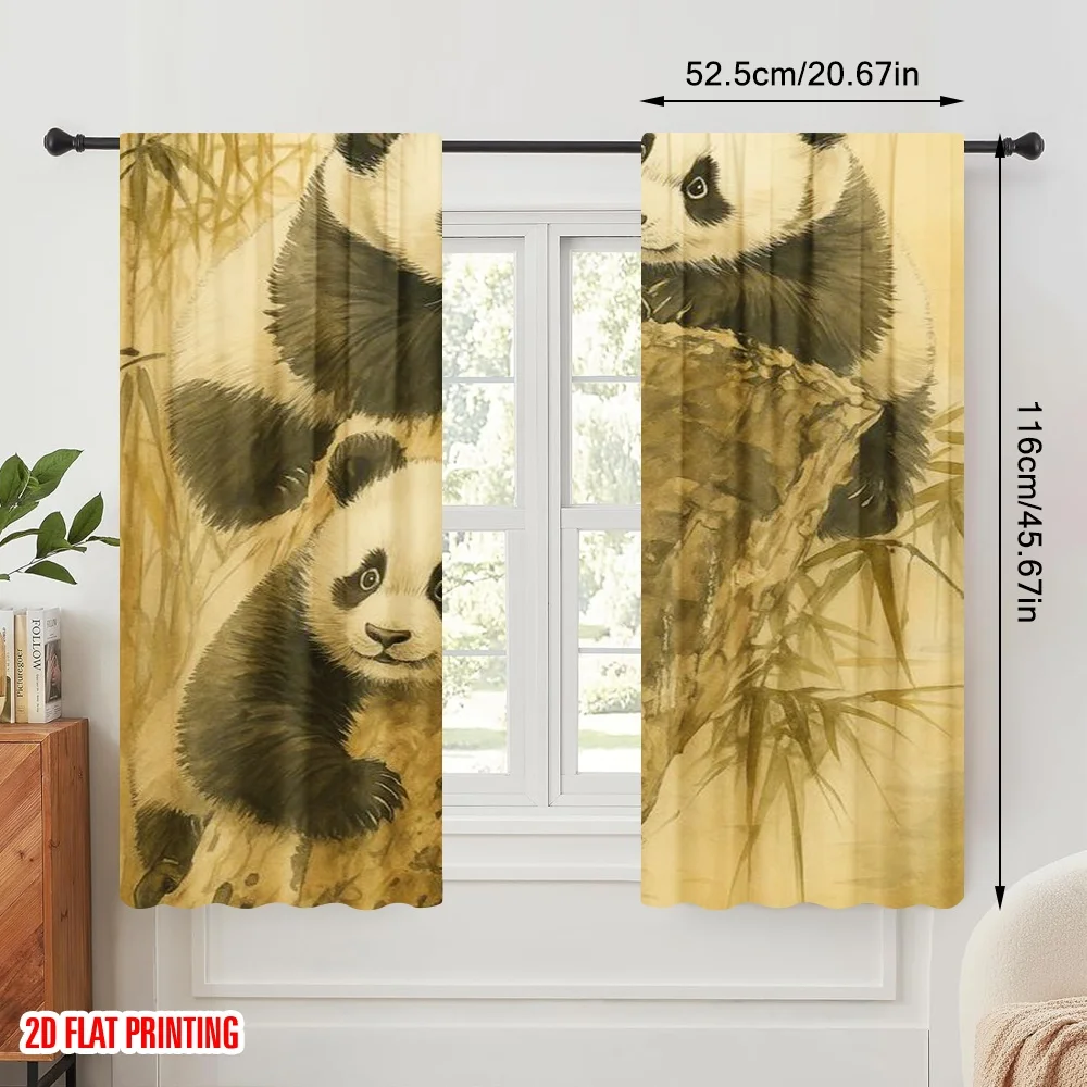 2pcs,2D plane printing Curtain Popular Panda Trio Playtime Polyester Woven (without rod) Festive Perfect for Living Room,