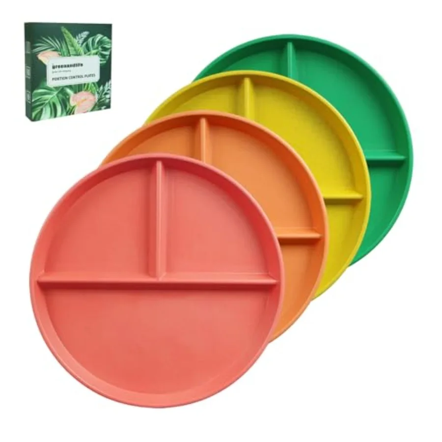 4PCS Unbreakable Portion Control Plates, Divided Plates for Adults, Dishwasher and Microwave Safe Compartment Plate, Lightweigh