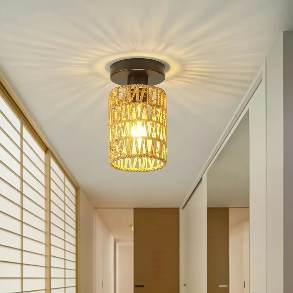 Charming Hand-Woven Iron Cylinder Ceiling Light - Rustic Style, Warm Ambient Glow, Perfect for Hallways, Living Rooms Hotels