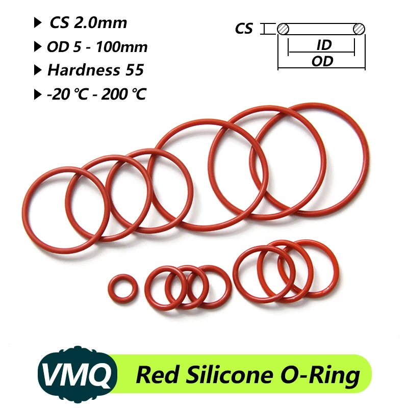 

10/50pcs Food Grade VMQ O Ring Gasket CS 2mm OD 5mm ~ 100mm Red Silicone Rubber Sealing Waterproof Washer Round O Shape o ring