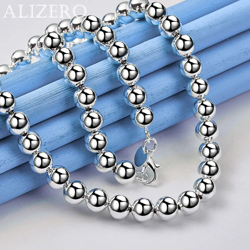

ALIZERO 925 Sterling Silver Smooth 8MM Beads Necklace For Women Men Fashion Jewelry Birthday Party and Daily Wear 16-30inch